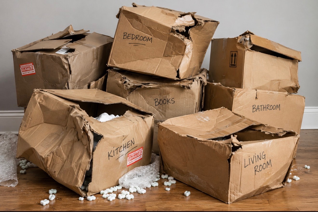 Damaged, crushed cardboard moving boxes — the old way of moving