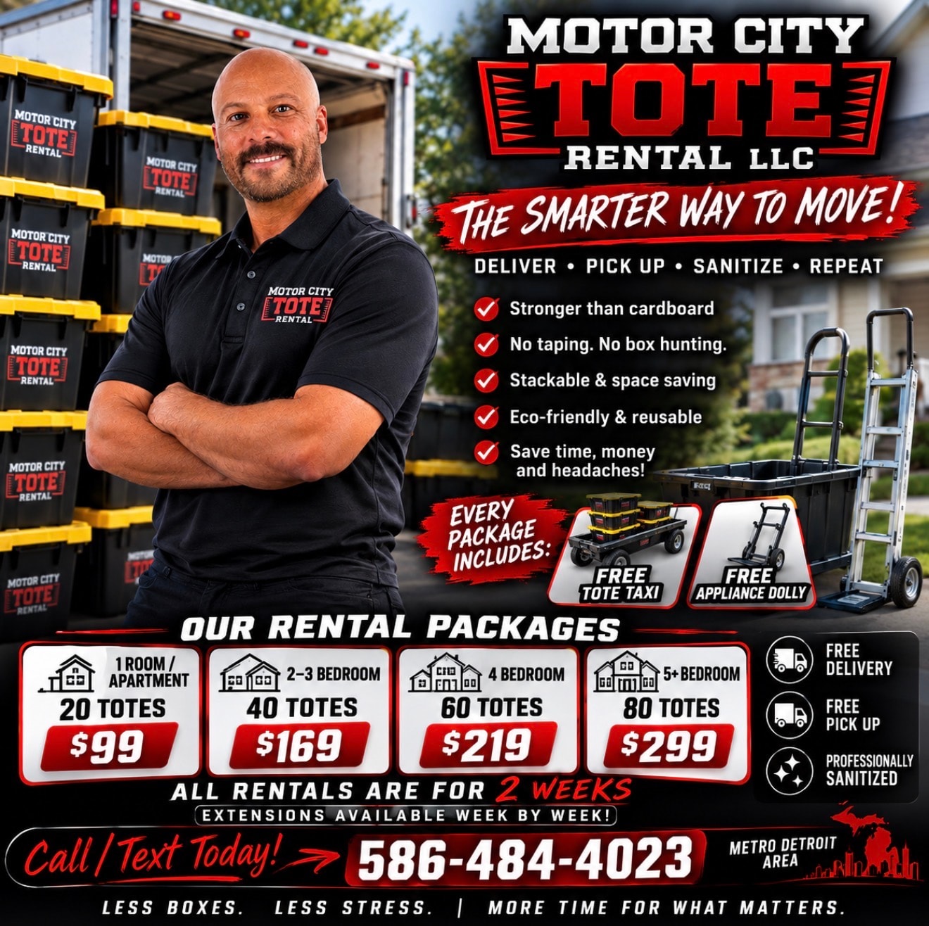 Motor City Tote Rental delivery driver bringing totes to a front door